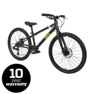 Front view of the HOY Pentland 24-inch bike, featuring a 10-year warranty badge and disc brakes.