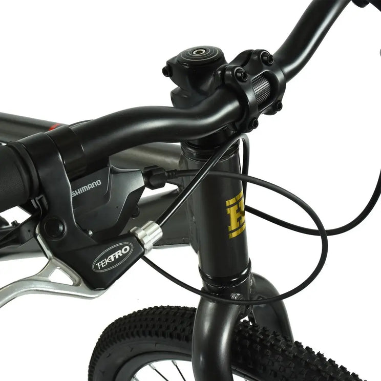 Detailed shot of the Shimano/Tektro brake and shifter lever assembly on the HOY Pentland 26".