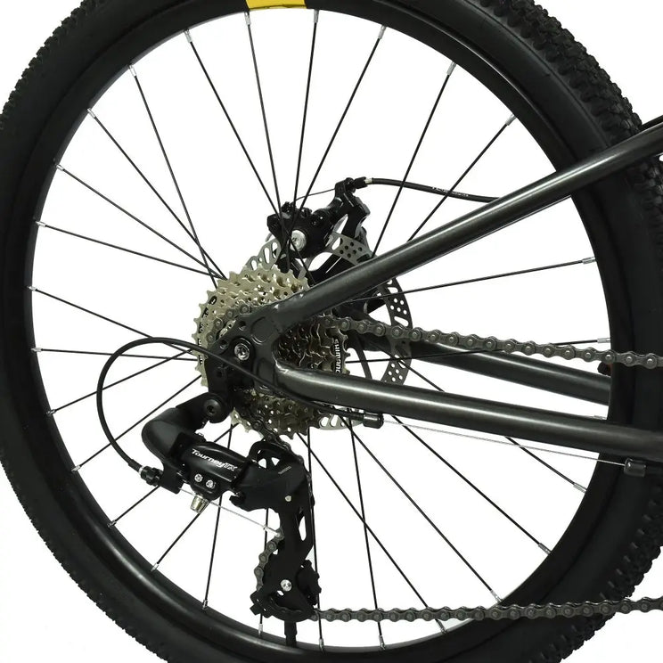 Close-up of the Shimano Tourney 7-speed rear derailleur and cassette on the HOY Pentland 26" kids' bike.