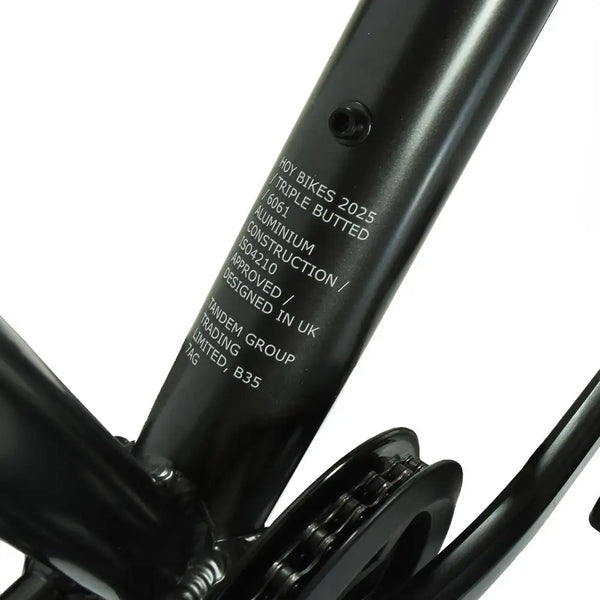 Frame decal showing Triple Butted 6061 Aluminium construction and UK design for the HOY Pentland.
