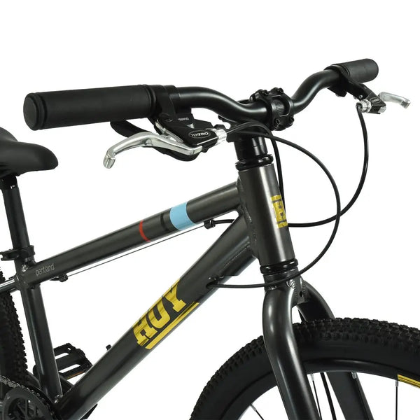 View of the handlebars, Tektro brake levers, and HOY logo on the Pentland's frame head tube.