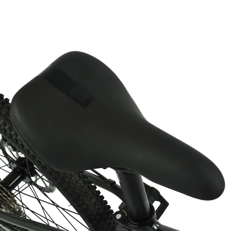 Close-up of the ergonomic black saddle designed for comfort on the HOY Pentland kids' bike.