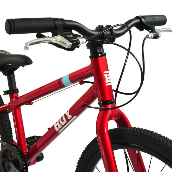 View of the handlebars, Tektro brake levers, and HOY logo on the Pentland's frame head tube.