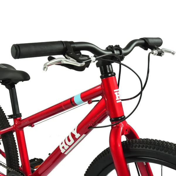 View of the handlebars, Tektro brake levers, and HOY logo on the Pentland's frame head tube.