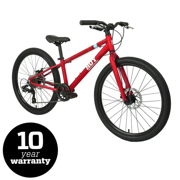 Front view of the HOY Pentland kids bike, featuring a 10-year warranty badge and disc brakes.