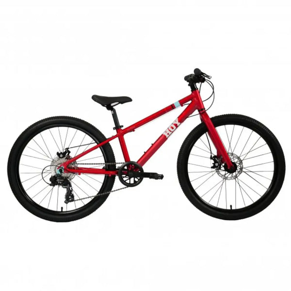Side view of the HOY Pentland kids' pedal bike in red, showing the lightweight alloy frame.