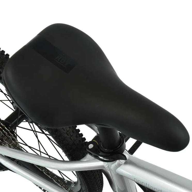 Close-up of the ergonomic black saddle designed for comfort on the HOY Pentland kids' bike.