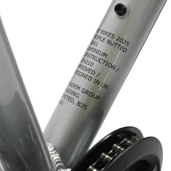 Frame decal showing Triple Butted 6061 Aluminium construction and UK design for the HOY Pentland.