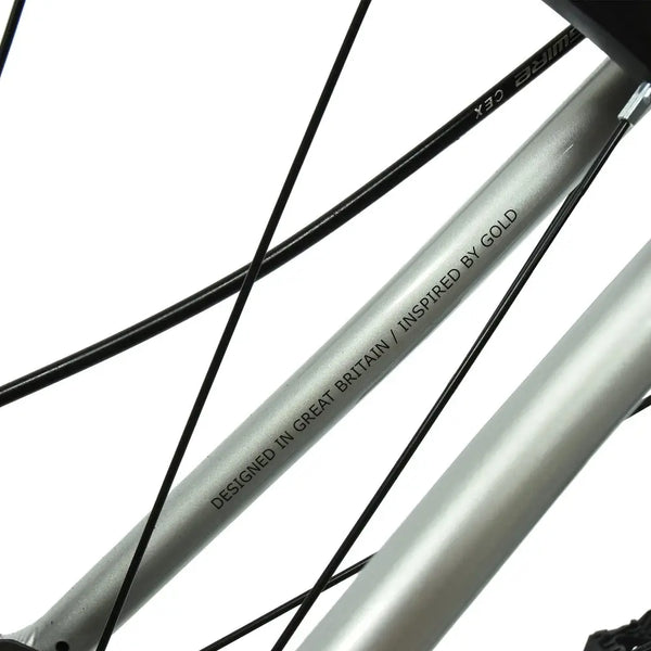 Frame detail showing the inscription, "Designed in Great Britain", on the HOY Pentland's chainstay.