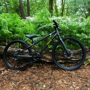 The HOY Pentland black kids' bike leaning on a log in a forest setting, demonstrating its trail capability.