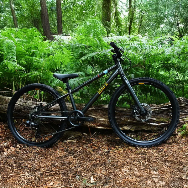 The HOY Pentland black kids' bike leaning on a log in a forest setting, demonstrating its trail capability.