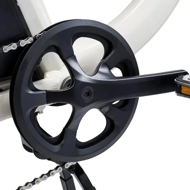 Close-up of the crankset and chain guard on the Humber Flex electric bike. 