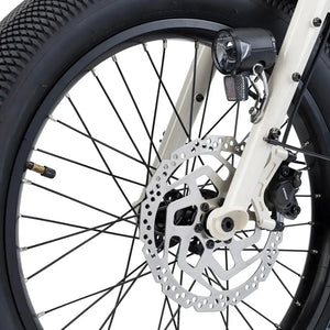 Front wheel and hydraulic disc brake system on the Humber Flex electric bike.