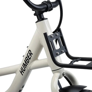 Close-up of the front and basket rack of Humber Flex electric bike. 
