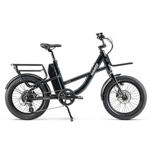Full side view of the green Humber Flex electric bicycle with rear rack and battery.