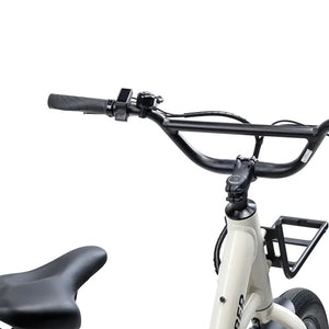Close-up view Humber Flex e bike handlebars, saddle, and front basket rack.