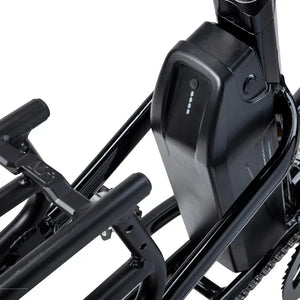 Close up of the removable battery on the black Humber Flex LT electric cargo bike.