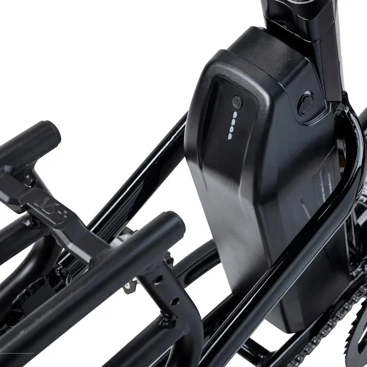 Close up of the removable battery on the black Humber Flex LT electric cargo bike.