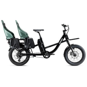 Side view of the Humber Flex LT electric cargo bike with dual green child seats and rear rack.