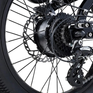 Close up of the Humber Flex LT Shimano Altus derailleur and rear hub motor system