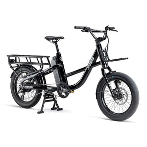 Angled front view of the black Humber Flex LT electric cargo bike with rear rack and front carrier.