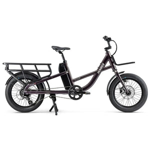 Side view of the purple Humber Flex LT electric cargo bike with rear rack and front loading platform.