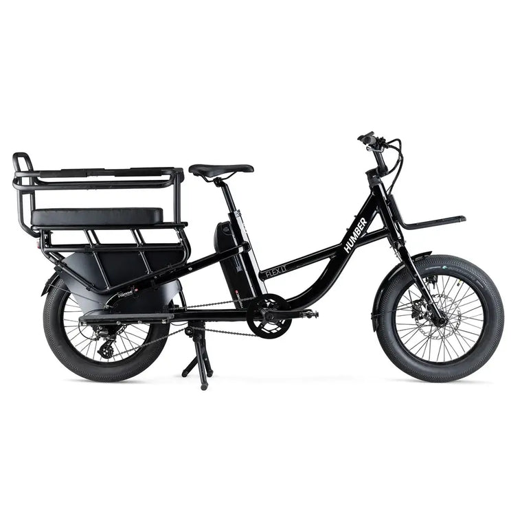 Side view of the black Humber Flex LT electric bike with rear passenger seat and cargo rack.