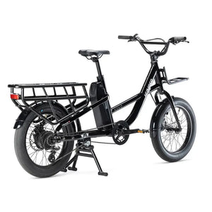 Rear angled view of the black Humber Flex LT electric cargo bike with integrated rear rack.