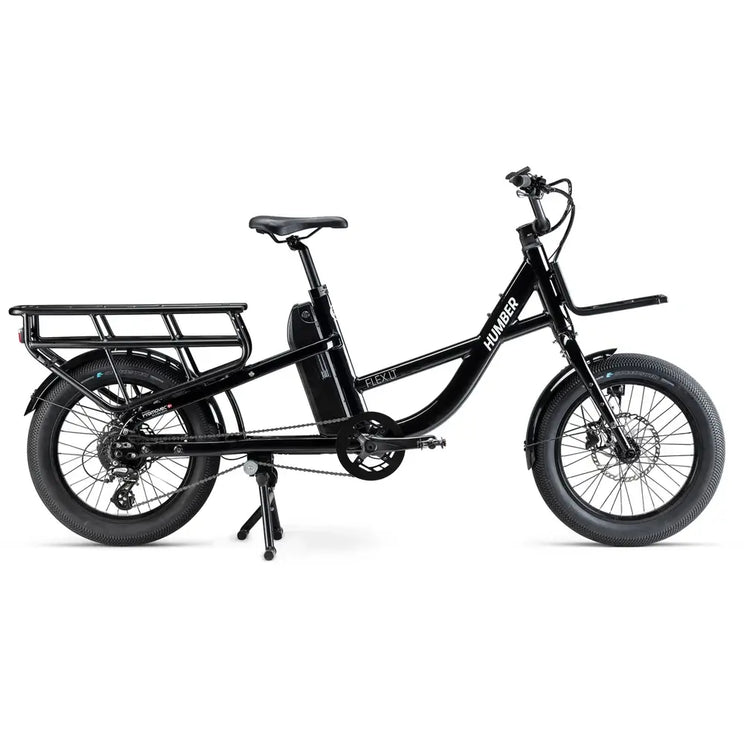 Full side view of the black Humber Flex LT electric cargo bike with rear rack and front basket rack.