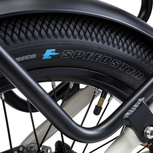 Close up of the Humber Flex electric bike tyre with Speedster tread and black rear mudguard.