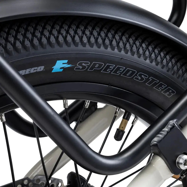 Close up of the Humber Flex electric bike tyre with Speedster tread and black rear mudguard.