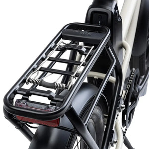 Rear cargo rack and integrated battery on the Humber Flex electric bike with built-in rear light.