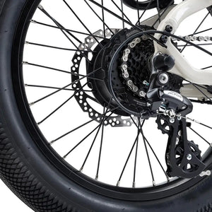 Rear wheel drivetrain on the Humber Flex electric bike, featuring a powerful rear hub motor and disc brakes.