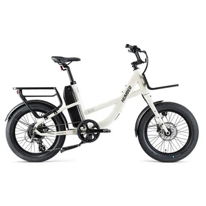 Full side view of the white Humber Flex electric bicycle with rear rack and battery.