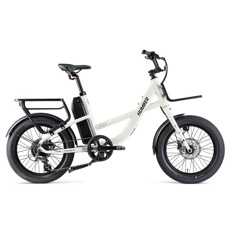 Full side view of the white Humber Flex electric bicycle with rear rack and battery.