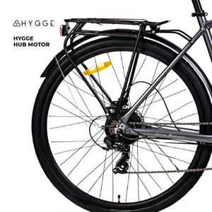 Detail shot of the powerful 250W rear hub motor on the Hygge Aarhus Graphite Grey, designed for smooth urban commuting.