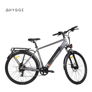 Full side profile of the Hygge Aarhus Graphite Grey 2025 electric bike, featuring a standard diamond frame and 28-inch wheels.