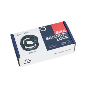 Packaging of the Hygge Chain Lock, featuring product specifications, illustrations, and branding on a blue retail box.