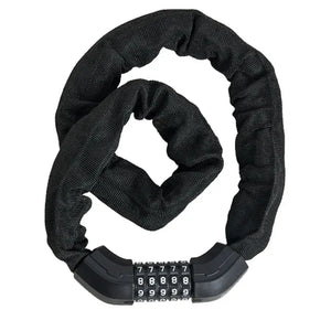 Black Hygge chain lock coiled up, featuring a protective fabric sleeve to prevent scratches and a resettable 5-digit combination dial.