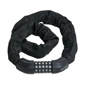 Black Hygge chain lock coiled up, featuring a protective fabric sleeve to prevent scratches and a resettable 5-digit combination dial.