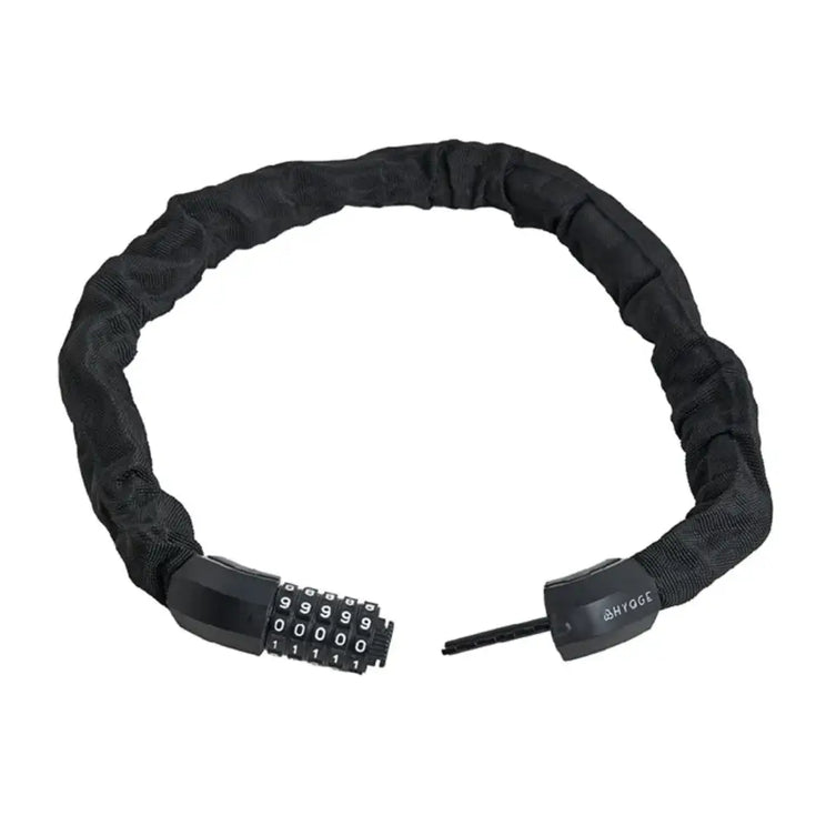 An uncoiled Hygge chain lock displaying its full length and flexibility, designed for securing electric bikes to street furniture or bike racks.