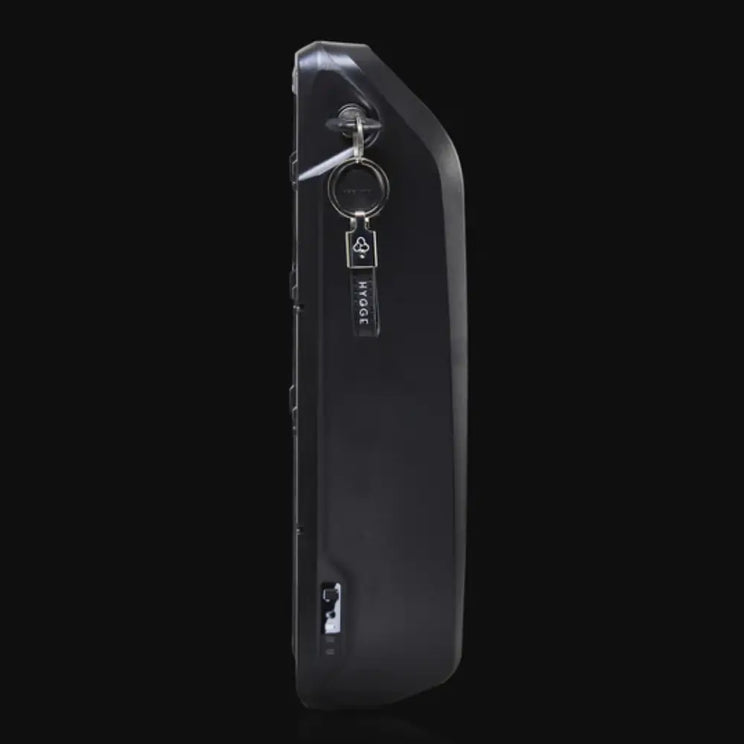 Hygge Herlev electric bike removable battery unit with integrated lock and compact design.