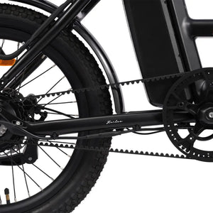 Hygge Herlev e bike belt drive drivetrain close up showing clean and low maintenance transmission system.