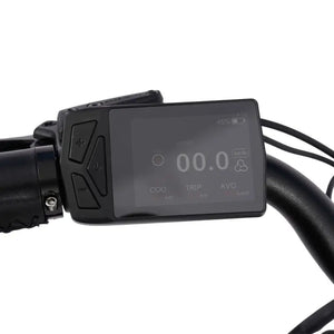 Hygge Herlev e bike LCD display and handlebar controls showing speed, battery level and assist modes.