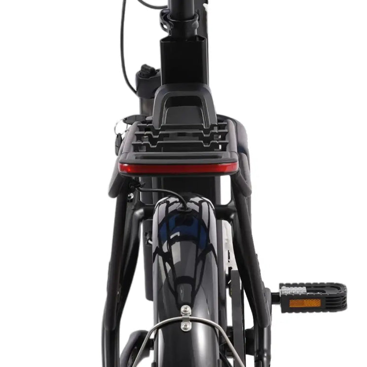 Hygge Herlev e bike rear rack and integrated light close up for urban visibility and practicality.