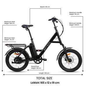 Hygge Herlev electric bike dimensions diagram showing frame size, seat height, handle height and overall length.