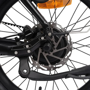 Hygge Herlev electric bike rear hub motor and disc brake close up highlighting braking and motor system.