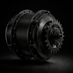 Hygge Herlev electric bike rear hub motor close up showing compact motor design and drivetrain integration.
