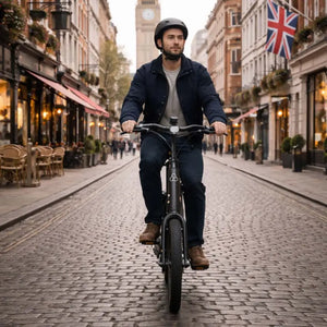 Man riding Hygge Herlev electric bike on city street showcasing upright commuter riding position.