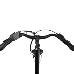 Hygge Herlev electric bike charcoal black swept back handlebars with LCD display and brake levers front view.